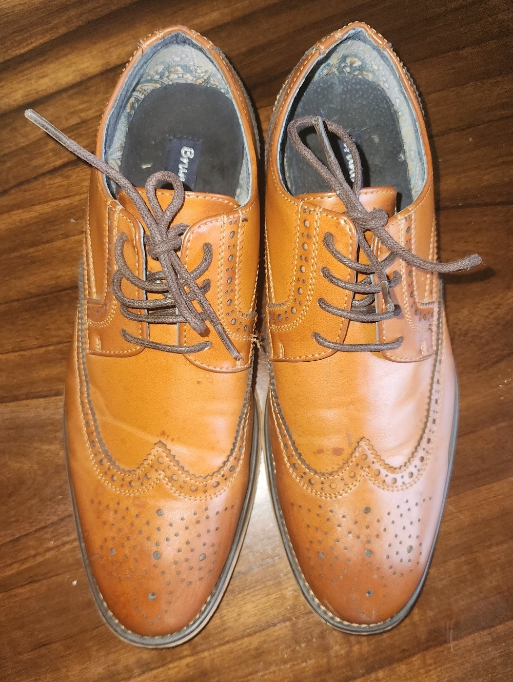 Men's Cognac Leather Wingtip Oxfords. Bruno Marc. Brown size 7 dress shoes - Picture 2 of 12